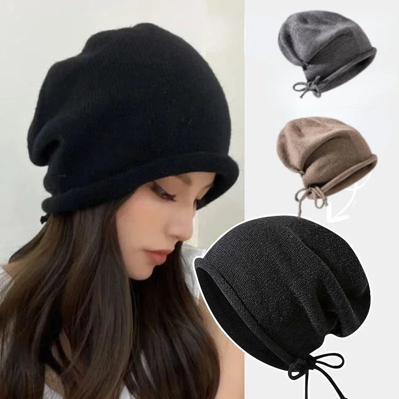 Knitted Bonnet Hoods Female Winter Warm Baggy Slouchy Beanies Hat Women Fashion Drawstring Pullover Cold Hats for Ladies Winter Oasis Select