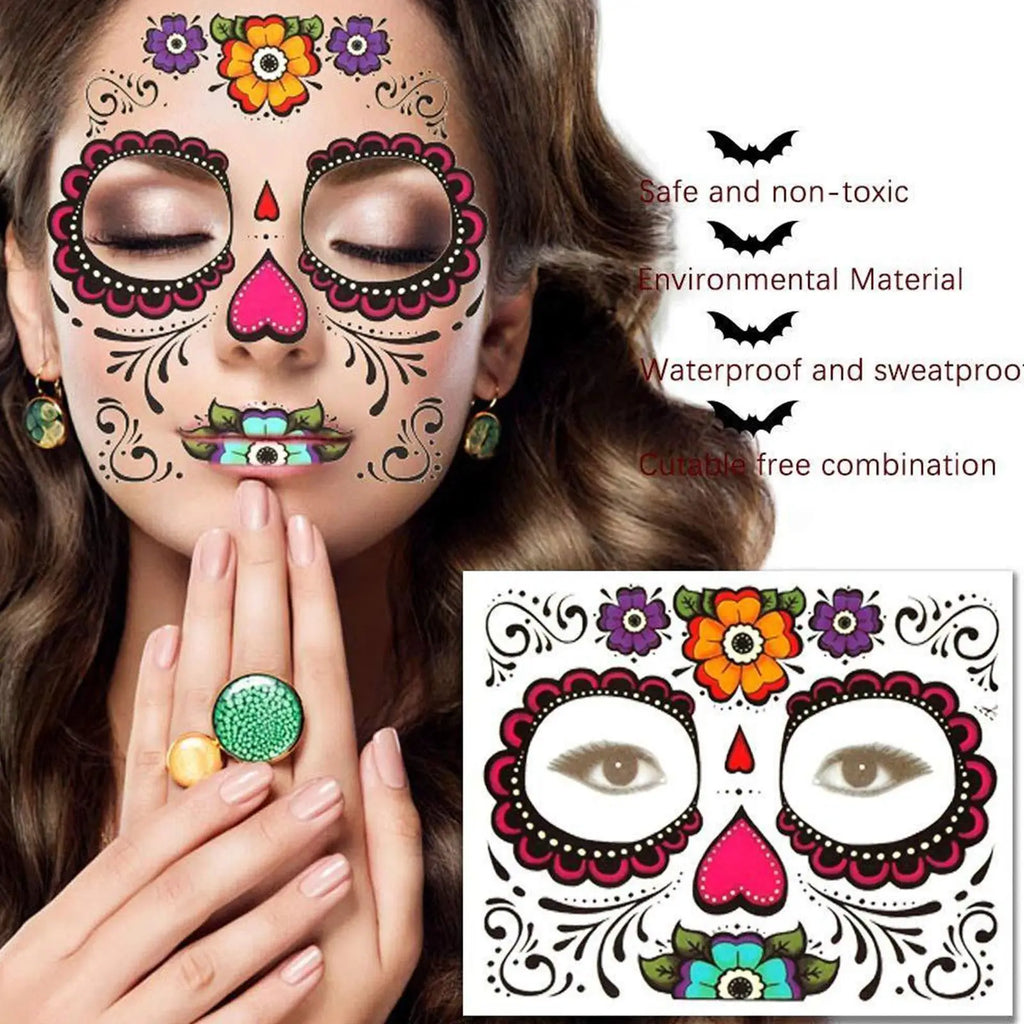Halloween Skull Face Temporary Tattoo Stickers – Day of Dead Temporary Face Tattoo Oasis Select