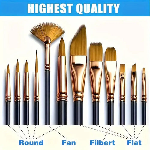 12-Piece Flat Nylon Paint Brush Set – Watercolor, Oil & Acrylic Paint Brush Set Oasis Select