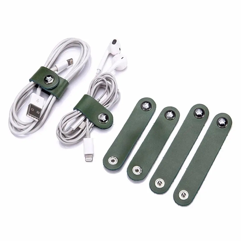 4Pcs Leather Data Cable Organizer Cord Winder Straps Earphone Wrap Winder Charger Protector Tidy Storage Cable Holder Clips Ties Oasis Select green 4pcs