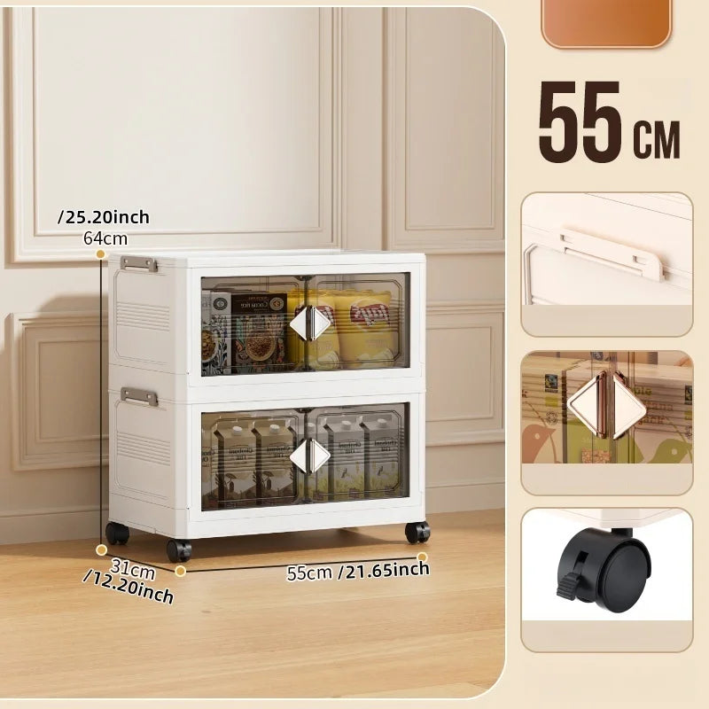 Foldable 55cm Width Plastic Storage Box Wheeled Multi-layer Clothing Cabinet Organizer for Books/Kitchen Supplies/Wears Oasis Select 55cm-White-2 Layers
