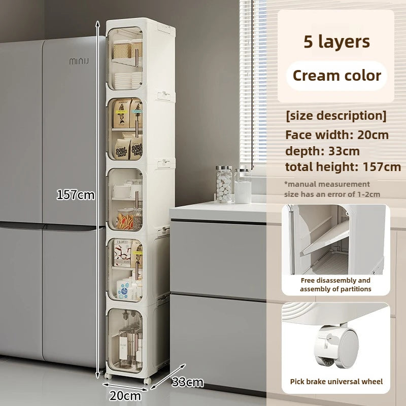 Household bathroom narrow seam storage cabinet, multifunctional foldable with wheels, dust-proof and crevice storage cabinet Oasis Select 5 layers-cream color