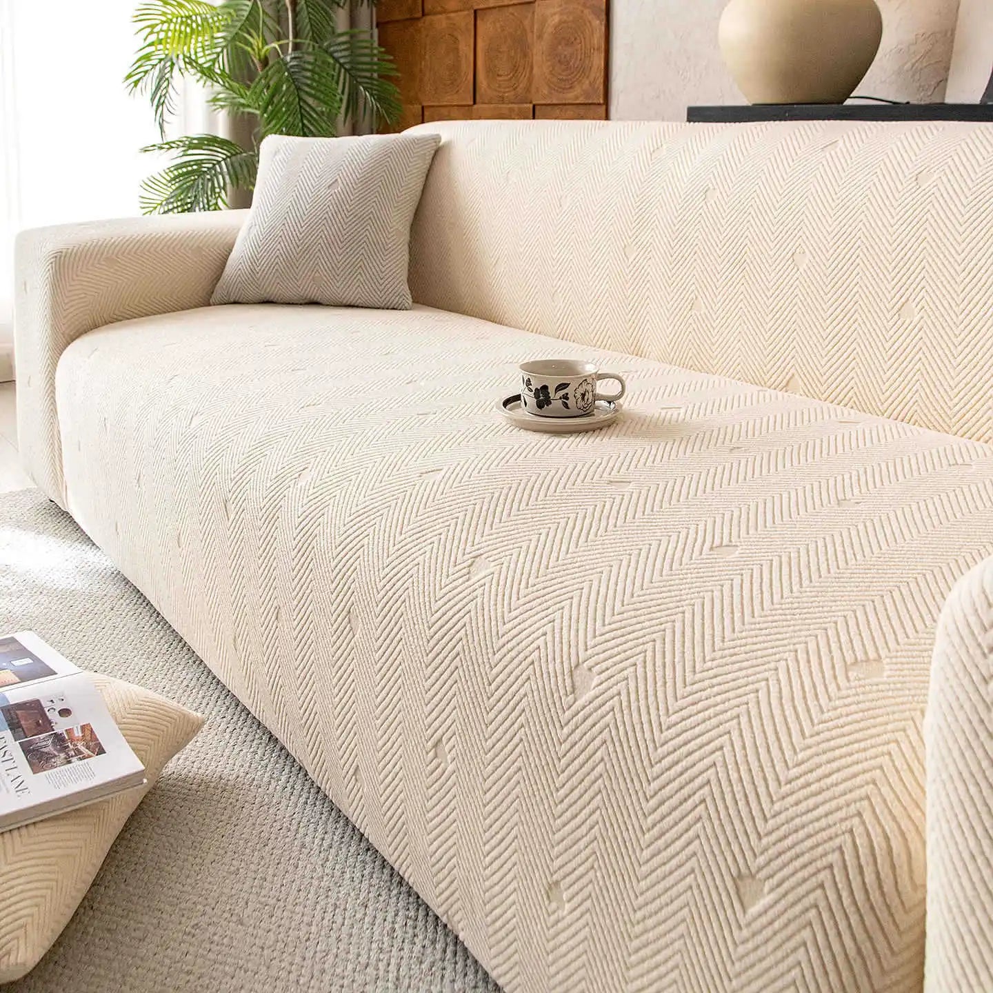 All-inclusive New Sofa Cover Jacquard Velvet Sofa Cover All-season Universal Anti-cat Scratch Sofa Cover Couch Covers for Sofas Oasis Select 4 people 235-300cm Off-white