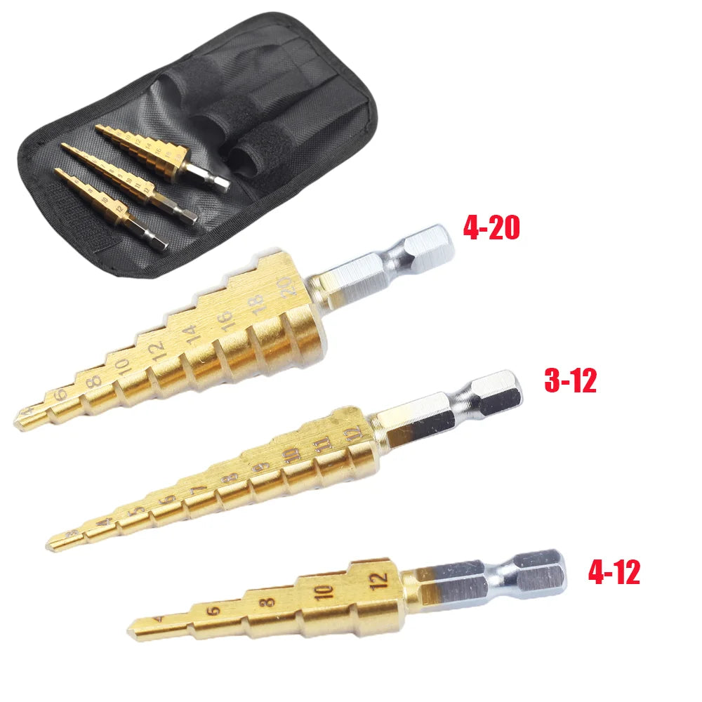 SLADE HSS Titanium Step Drill Bit Set 3-12 4-12 4-20mm Step Drill Bit Set Oasis Select 3pcs cloth bag