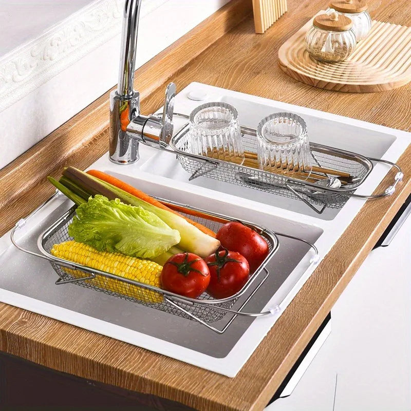 1 Set Stainless Steel Over Sink Colander with Telescopic Handle - Metal Mesh Strainer Basket for Washing Fruits & Vegetables Oasis Select