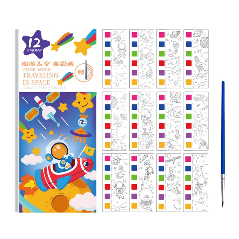12 Sheets/Set Portable Watercolor Painting Book Coloring Book With Paint Brush Book Kids Graffiti Picture Drawing Stationery Oasis Select StyleC