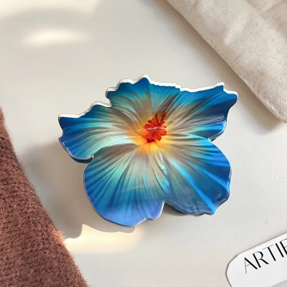 Double-sided Printing Hibiscus Flower Hair Claw Exquisite Design Lifelike Flowers Acrylic Claw Clip Romantic Style Oasis Select