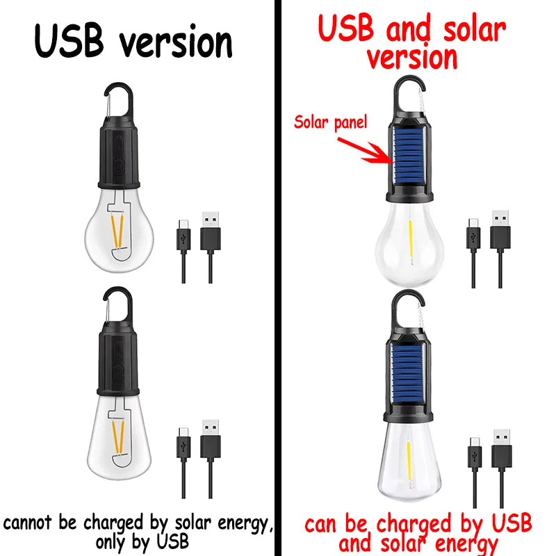 LED Solar Camping Lantern – USB Rechargeable Dimmable Bulb Hook