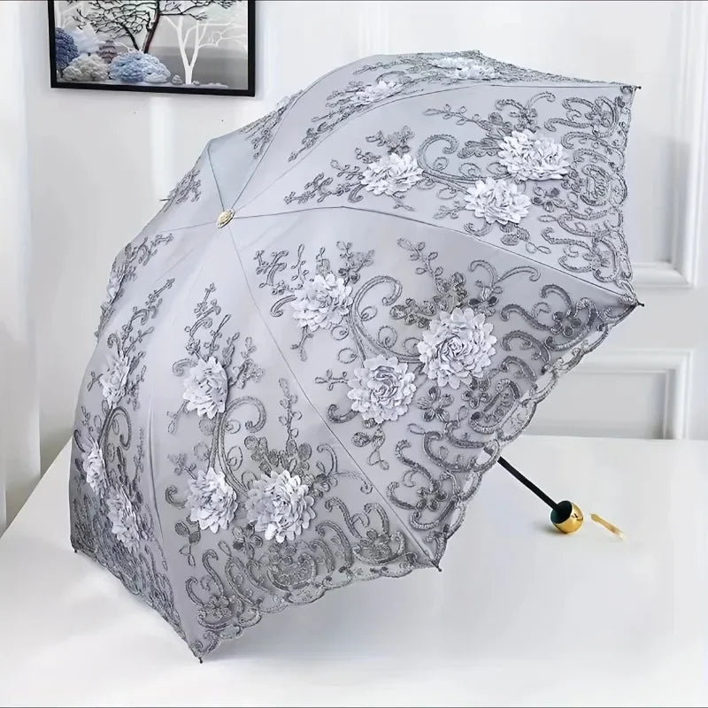 Folded Retro Embroidered Lace Double Layer Vinyl Three-fold Umbrella Wedding Umbrella Oasis Select