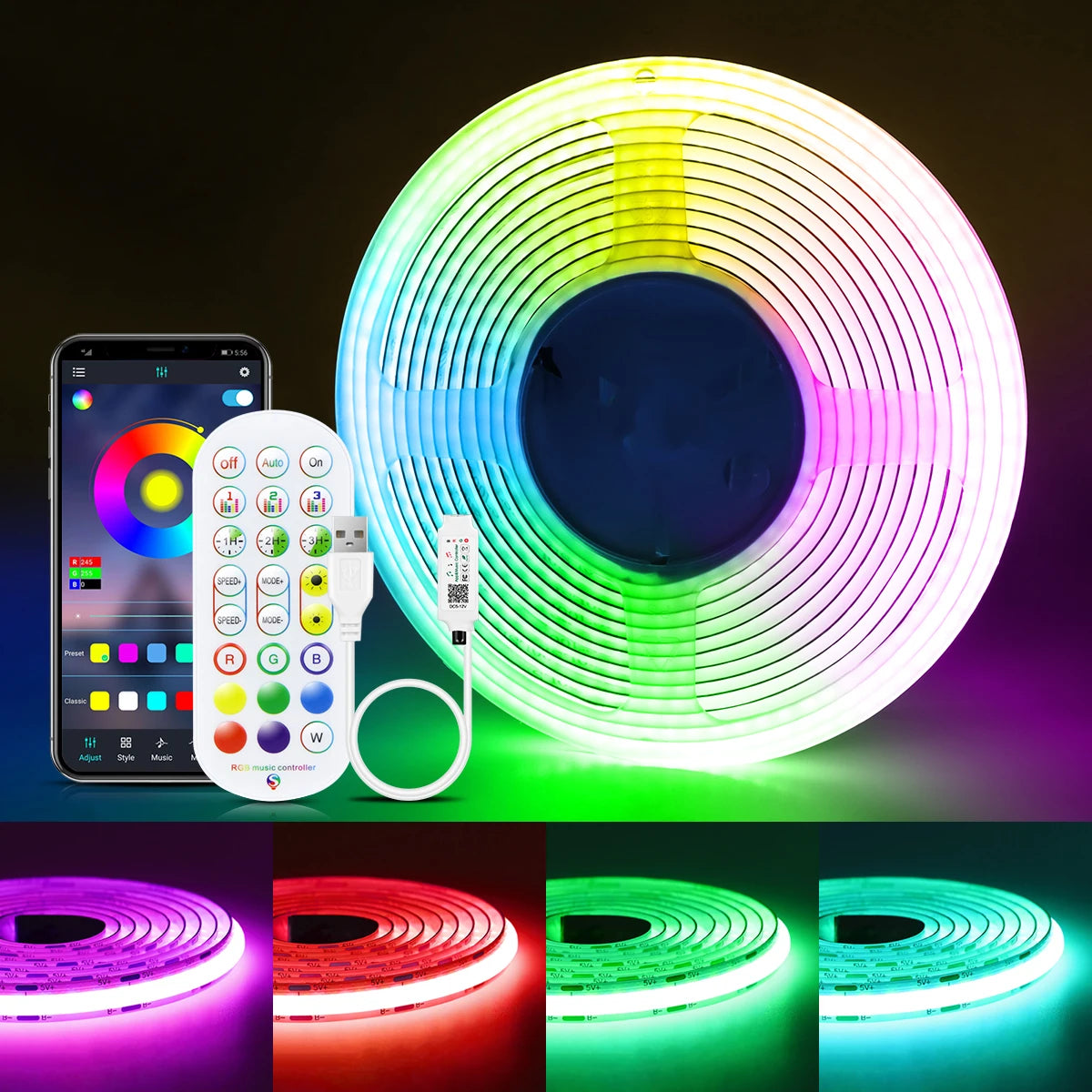 USB 1-5m LED Light Strip RGB Bluetooth 24keys Remote Control Sync with Music COB Linear Dimmable Tape Room TV Blacklight Decor Oasis Select RGB USB Bluetooth USB 5V 1m
