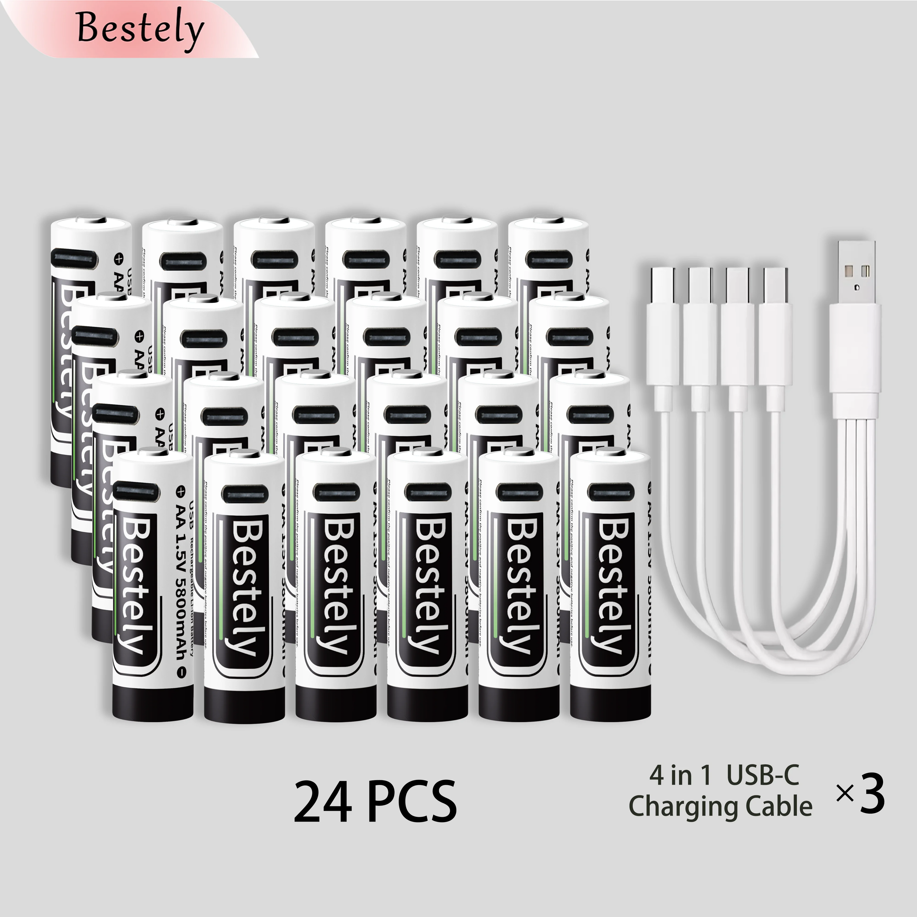 AA Rechargeable Batteries 1.5V 5800mAh Li-ion Battery Long-Lasting High Capacity Lithium Akku, 2000 Cycle with Free USB-C Cables Oasis Select 24 pcs batteries
