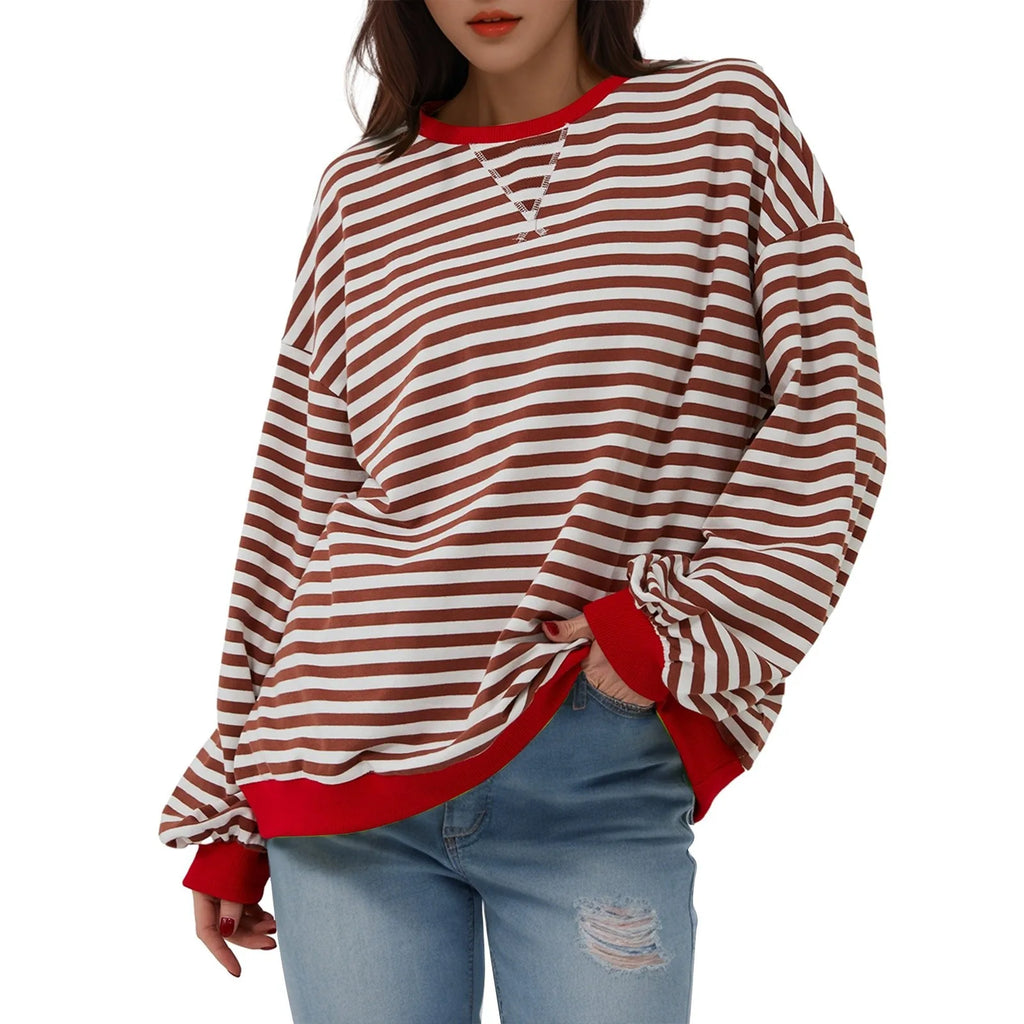 Women's Oversized Striped Long Sleeve T-Shirt | Korean Style Women's Casual Top Oasis Select Red XL
