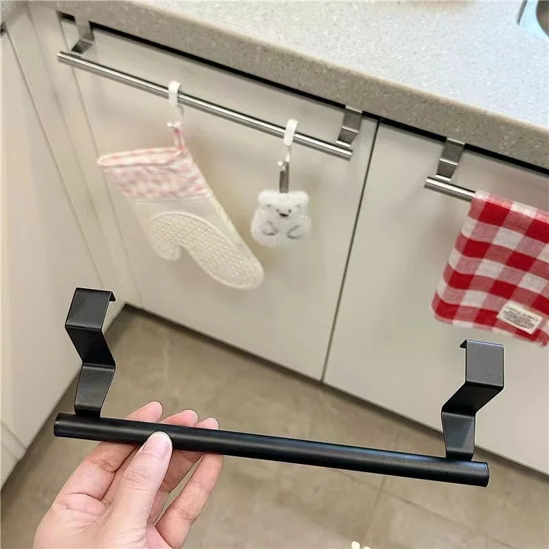 1 Pcs Towel Rack Over Door Towel Bar Hanging Holder Stainless Steel Cabinet Black Towel Rag Shelf Hanger for Bathroom Kitchen Oasis Select