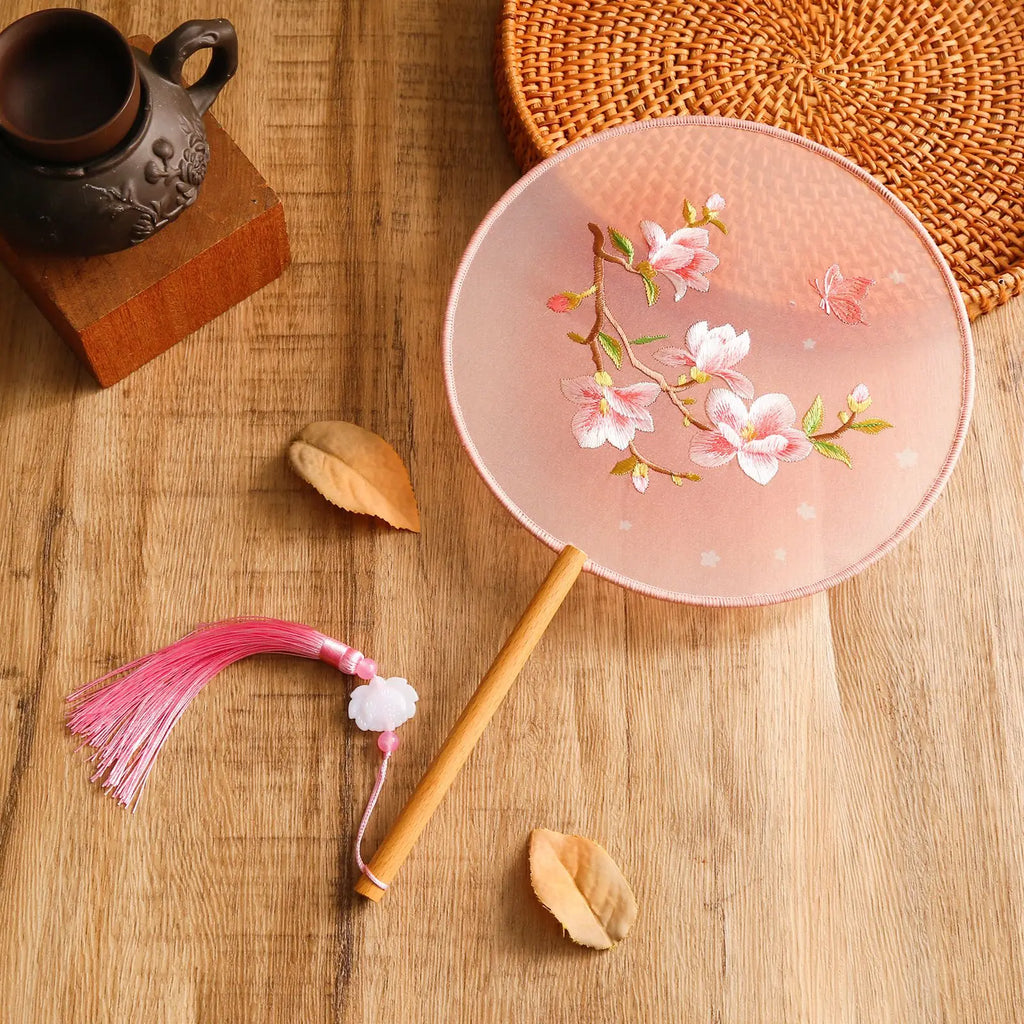 Chinese Style Silk Round Fan Double-sided Floral Embroidery Hand Fans with Tassel Summer Dance Fan For Women Wedding Home Decor Oasis Select