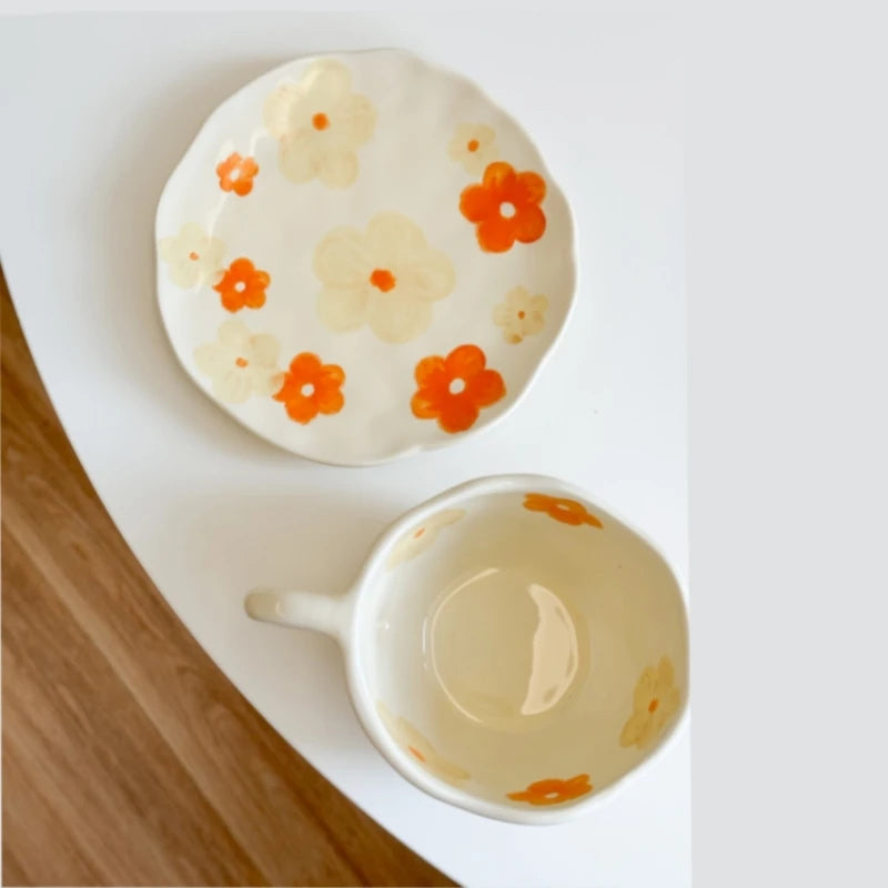 Ceramic Plate Flower Pattern Coffee Mug Set Painted Cute Girl Hand-painted Underglaze Color Gift Saucers for Festivel Present Oasis Select