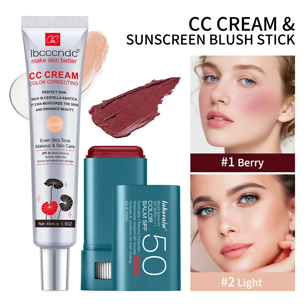 2pcs/set Color Correcting CC Cream & Suncreen Blush Stick Long-Lasting Waterproof Natural Finish Face Makeup Korean Cosmetic Oasis Select SET 6