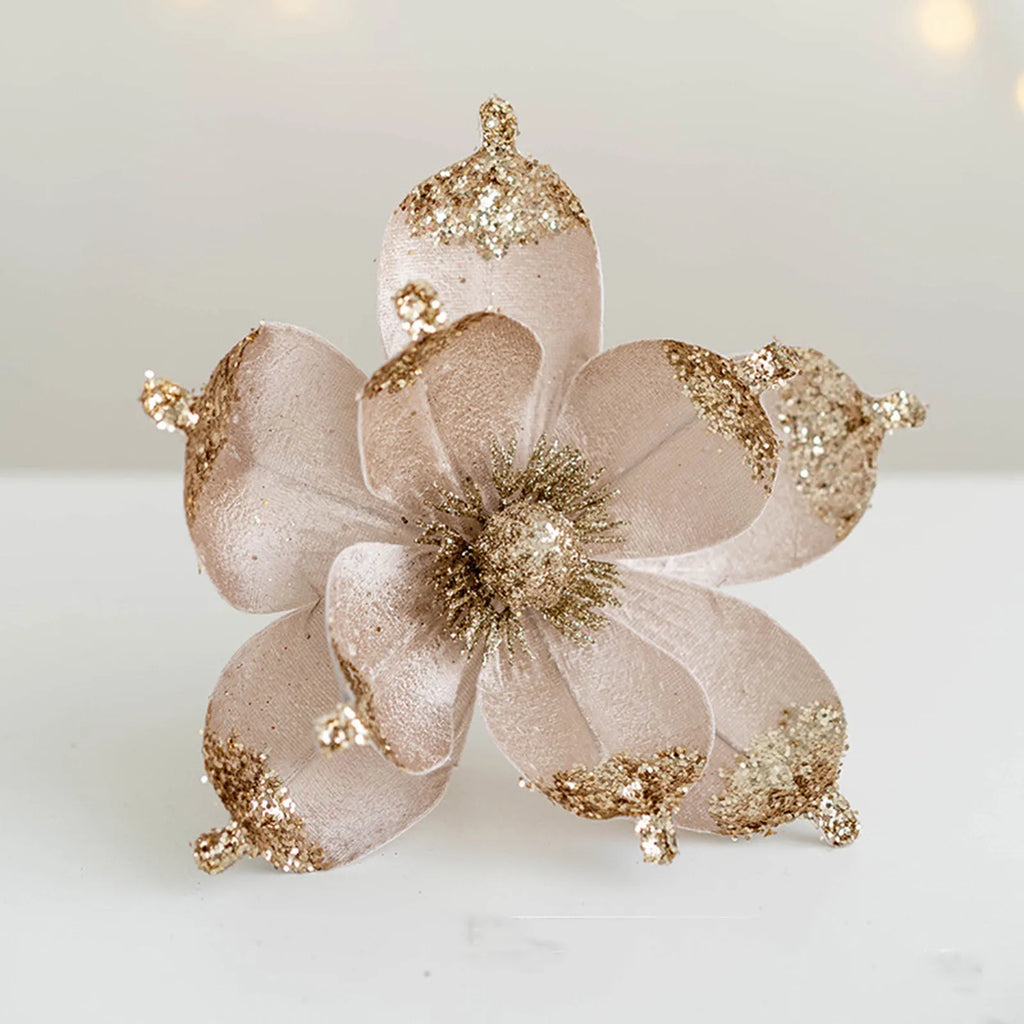 20cm Glitter Magnolia Christmas Flower Pick – Pink Sequin Christmas Flower Pick Oasis Select Champagne One Size