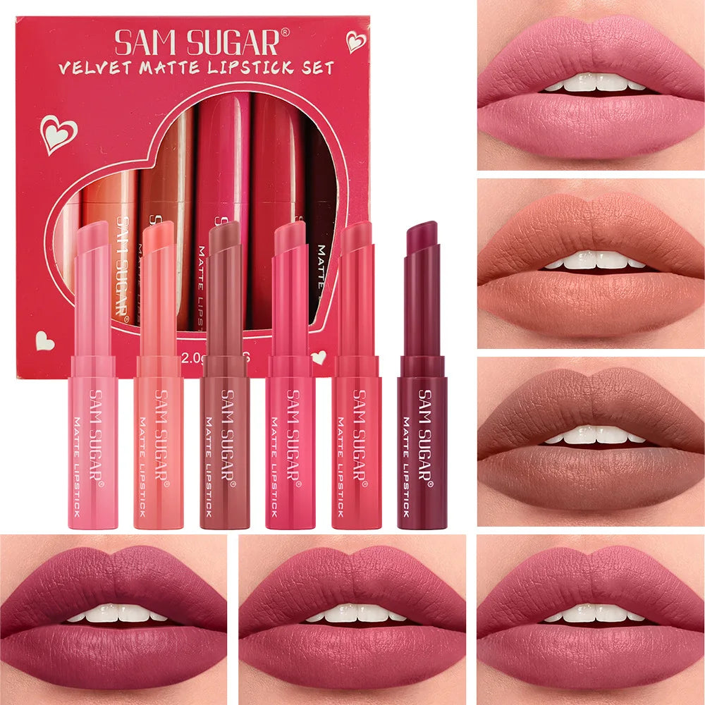 SAM SUGAR 6-Color Velvet Matte Lipstick Set – Long-Wear