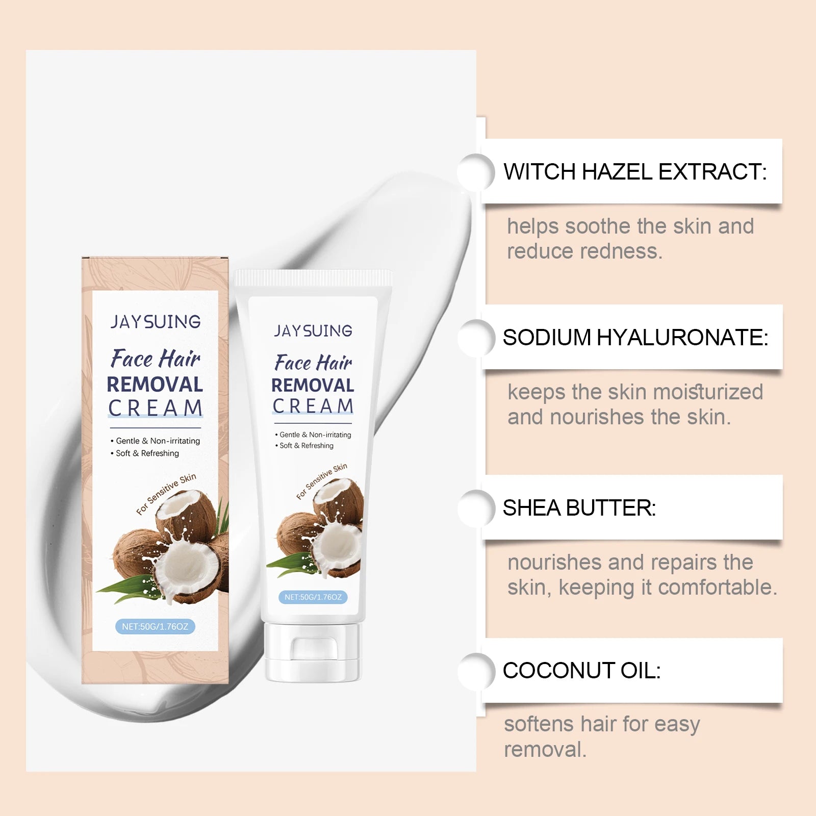 Jaysuing Coconut Facial Hair Removal Cream – Lip & Chin 50g Facial Depilatory Cream Oasis Select