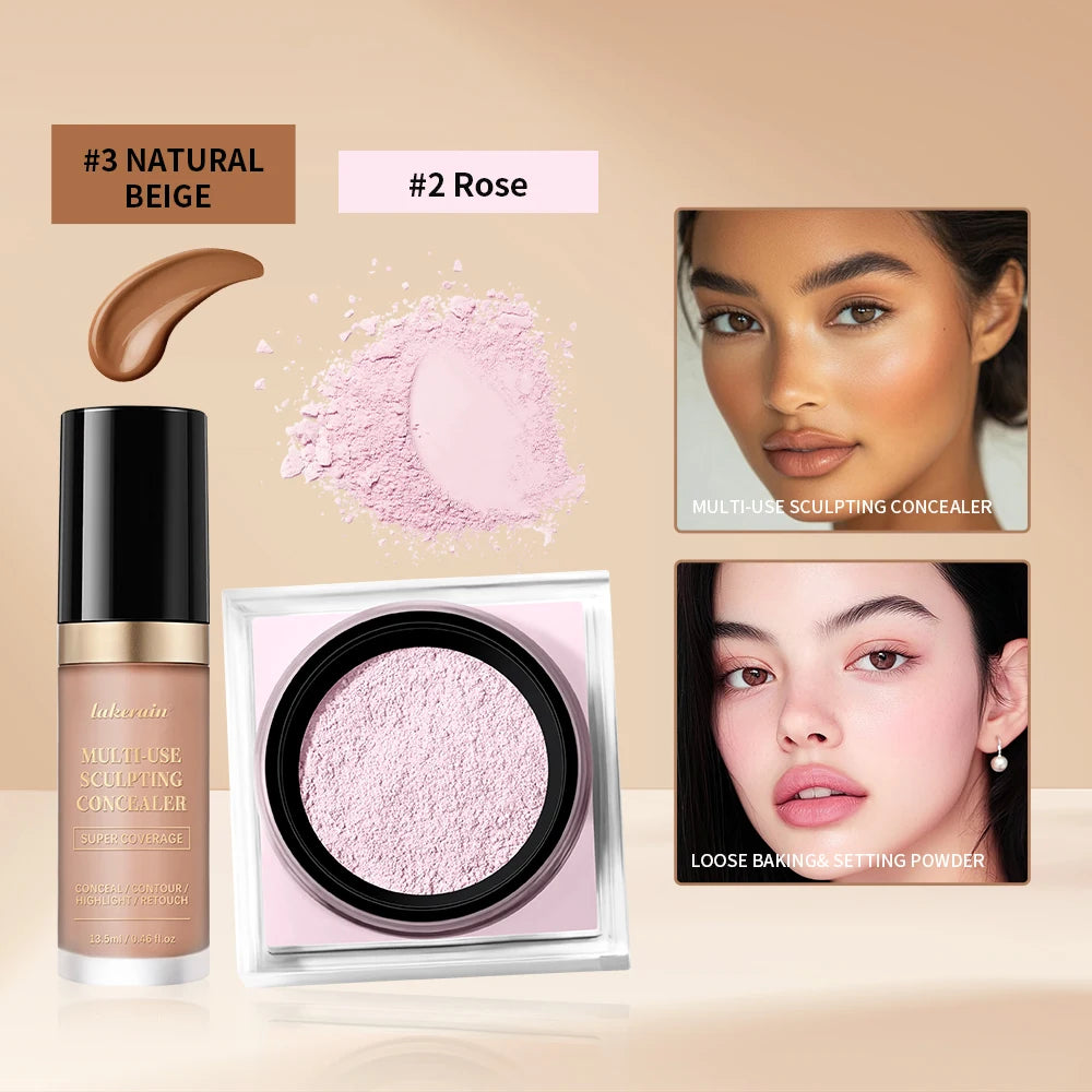 2pcs Face Makeup Set With Concealer And Loose Setting Powder Natural Face Smooth Matte Finish Women Cosmetics Korean Makeup Oasis Select SET 6