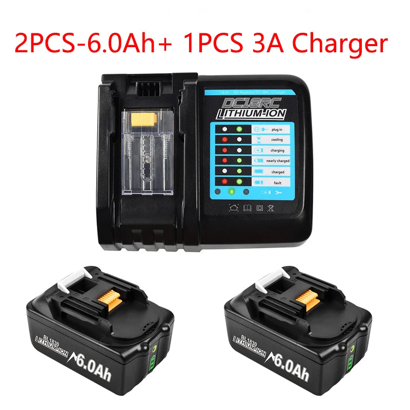 Battery 18V For Makita BL1860 BL1850B BL1850 BL1840 BL1830 Screwdriver Battery Charger 18V Replacement Power Tool Batteries lxt Oasis Select 2pcs 6Ah 3A Charger