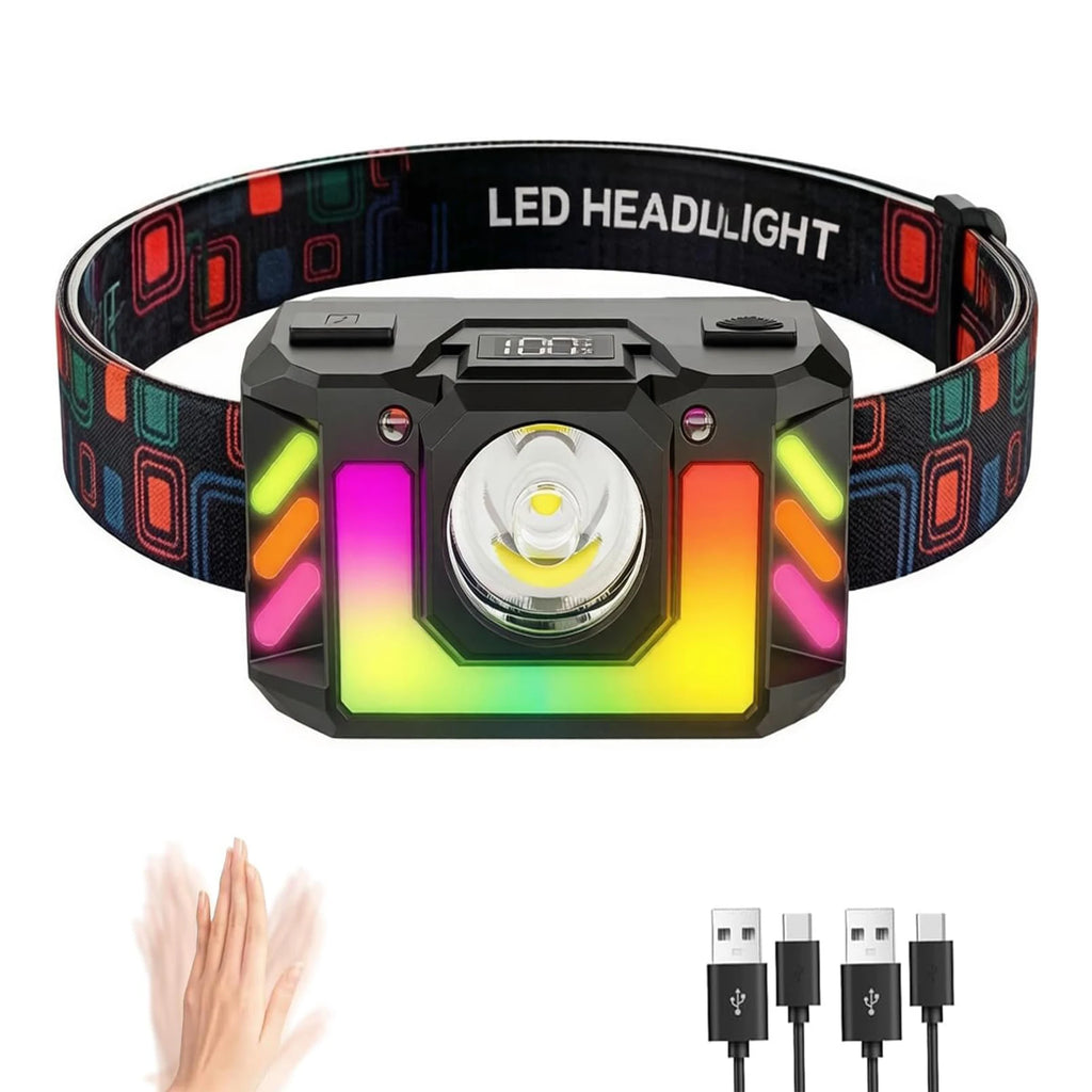 Rechargeable LED Headlamp, Super Bright Head Torch with 4 Modes and Multicoloured RGB Lighting, Sensor Control, Lightweight Oasis Select 1pcs