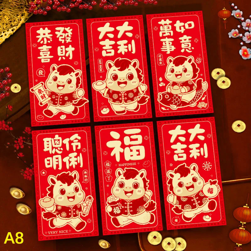 6Pcs/set Chinese New Year Money Envelope Horse Year Red Envelope Red Pocket Spring Festival Envelope Oasis Select A8