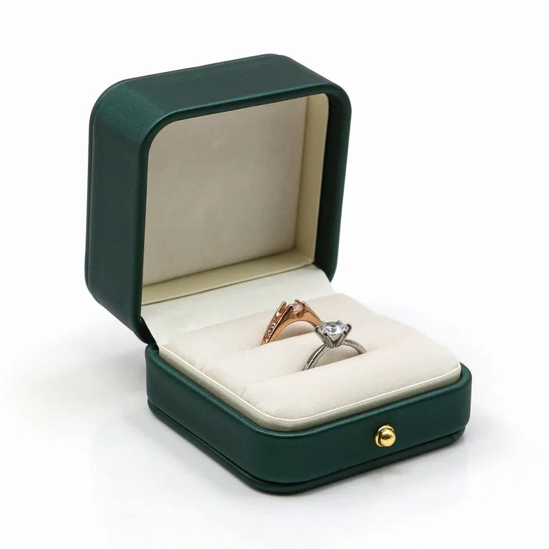 2025 Engagement Ring Box Double Slot Ring Boxes Leather Velvet Portable Jewelry Bearer Holder for Proposal Wedding Ceremony Oasis Select Green-double rings other