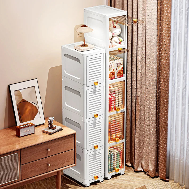 19cm Narrow Cabinet with Flip Lid Large Capacity Adjustable Shelves Organizer for Kitchen Bathroom Bedroom Living Room Oasis Select