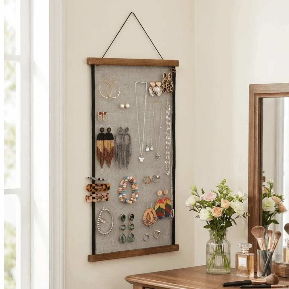 Wood Frame Mesh Grid Jewelry Hanging Display & Storage Rack