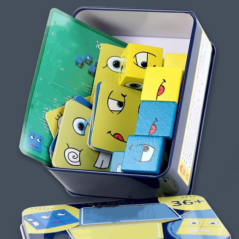 Kids Emotions Expression Game Wooden Cube Face Changing Board Cartoon Puzzle Toy Montessori Thinking Challenge Games Oasis Select