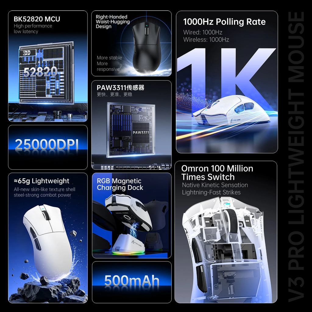 ATTACK SHARK V3Pro Wireless Gaming Mouse Tri-Mode 2.4G/BT/Wired PAW3311 25000DPI 65g Lightweight Magnetic RGB Charging Dock Oasis Select