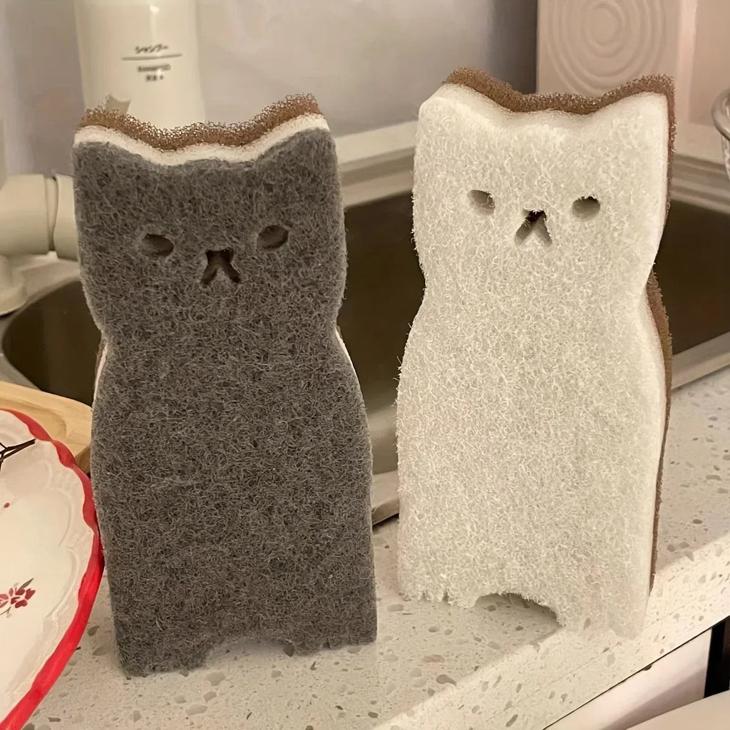 4-piece cute cat shaped kitchen sponge - three-layer design, used for washing dishes and cleaning - essential kitchen tools Oasis Select