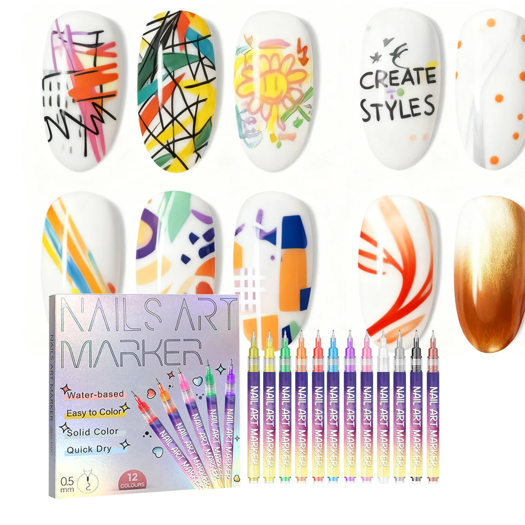 12Pcs/Set Nail Acrylic Graffiti Pen 12 Color Nail Marker DIY 3D Nail Art Drawing Pen Abstract Line Manicure Tool Painting Liner Oasis Select