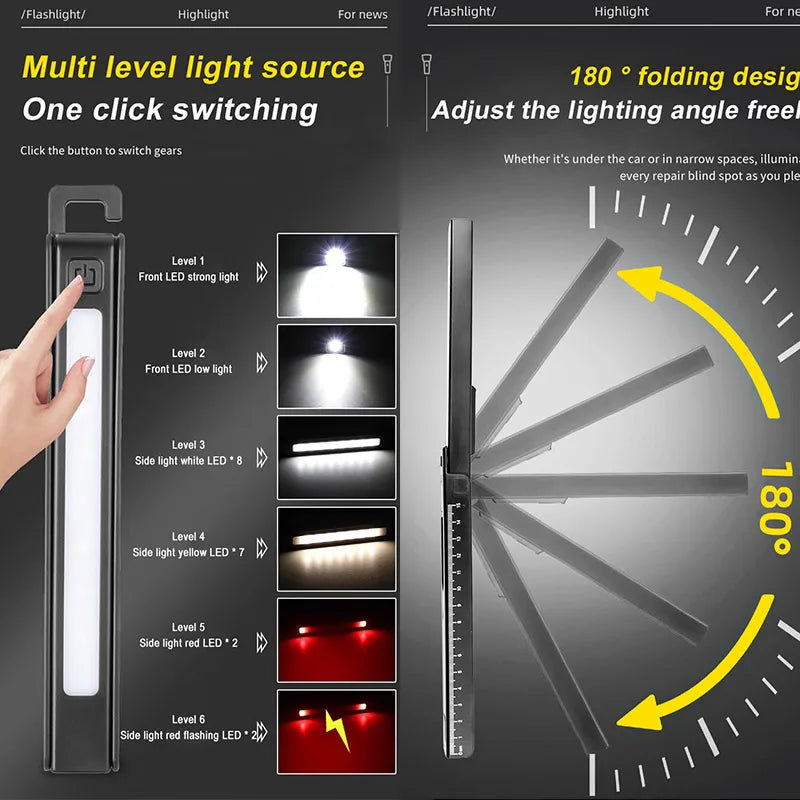 COB Work Pen Light LED Folding Work Flashlight with Magnet Portable Torch Rechargeable Outdoor Multi-Function Ruler Flashlight Oasis Select
