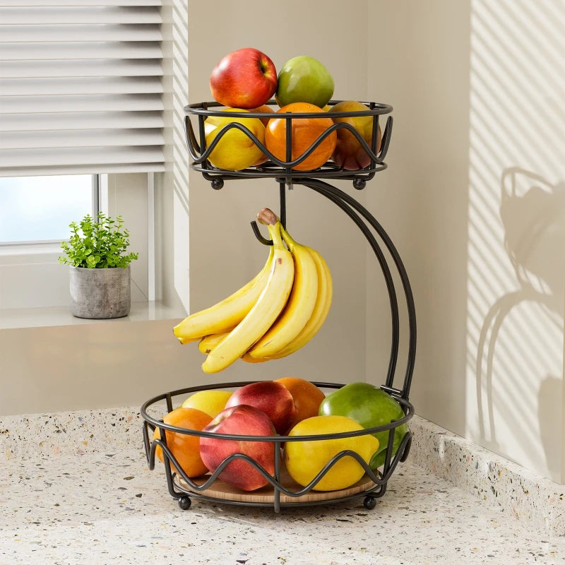 Wrought iron fruit basket wooden bottom snack storage fruit plate banana hook round removable fruit and vegetable storage basket Oasis Select