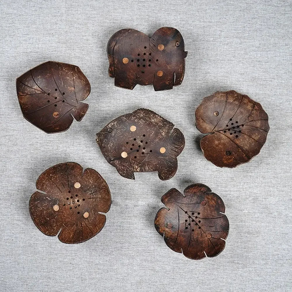 Coffee Coconut Shell Soap Holder Coconut Shell Fish Elephant Drainage Soap Dish Flower Leaf Heart Drain Tray Soap Box Oasis Select