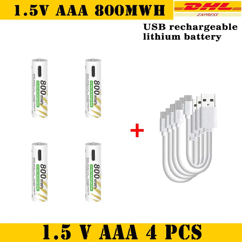 AAA and AA Rechargeable Batteries USB Lithium-ion 3400mWh 1.5V AA Rechargeable Batteries+800mWh 1.5V AAA Battery+ Type-C Cable Oasis Select 1.5V AAA 4pcs-Cable