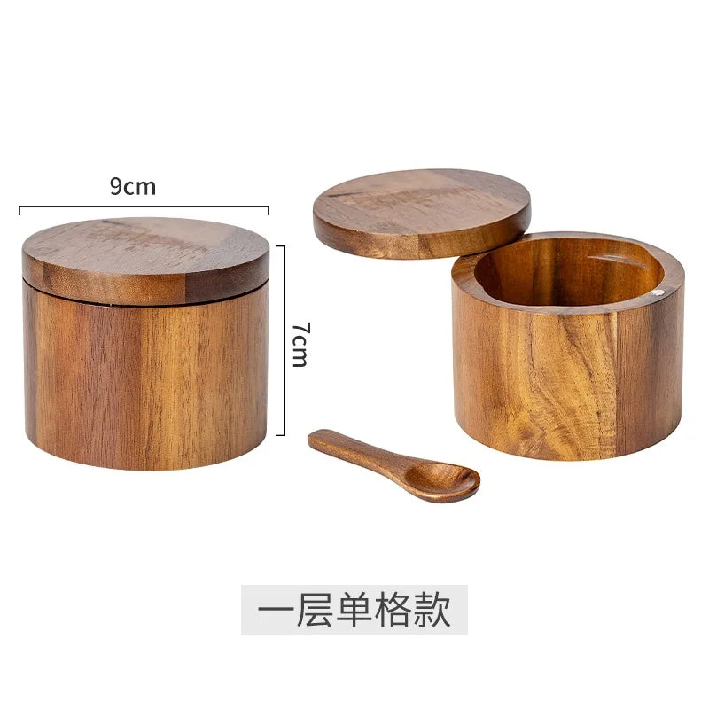 Wooden Salt Cellar with Spoon Kitchen Salt Box Pepper Jar with Swivel Closure Lid Round Container To Condiment Spice Container Oasis Select 1Layer-1grid