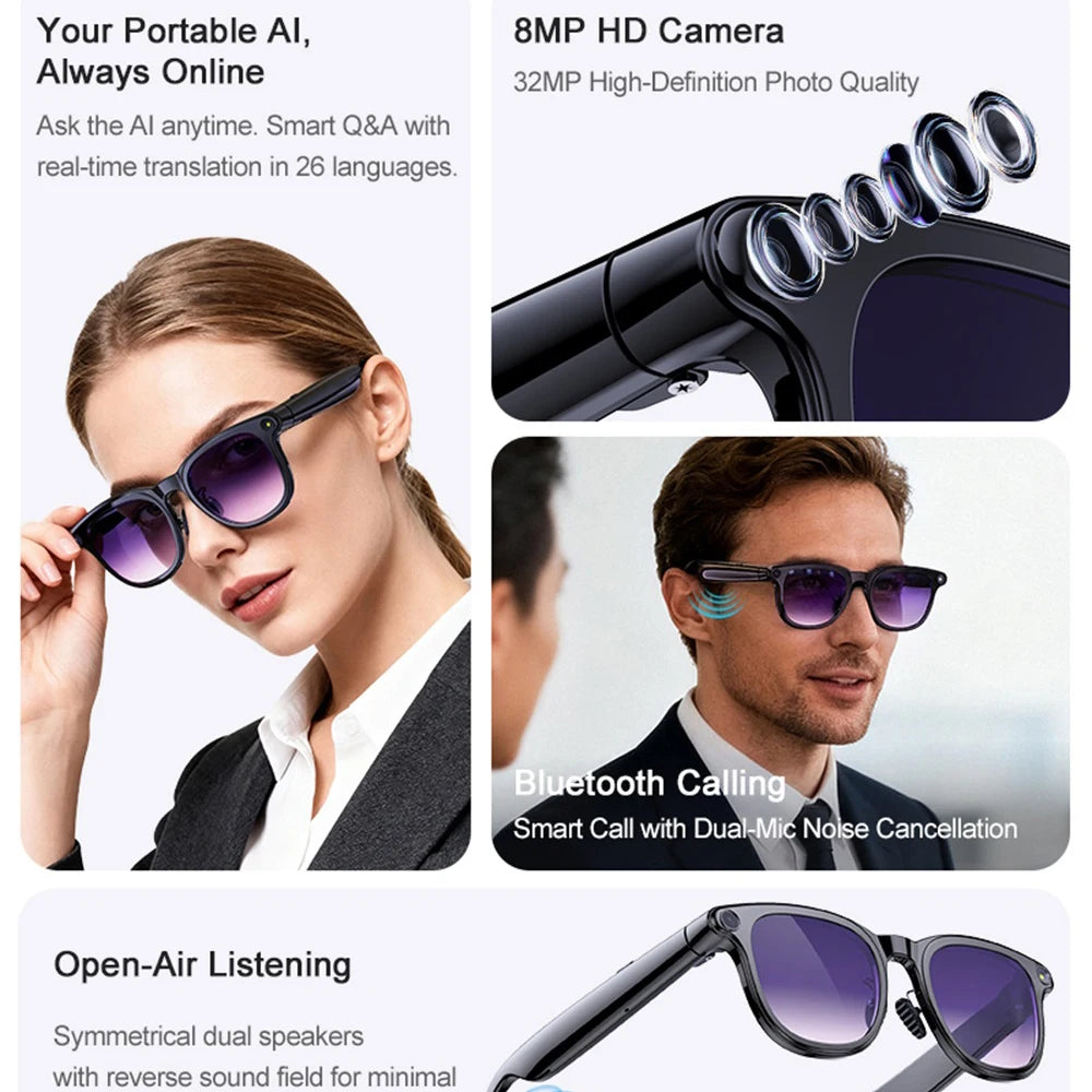 Smart Glasses AI Assistant Real-time Translation Eyewear Camera Bluetooth Call Sunglasses Shoot Audio Video Music Player Men Oasis Select
