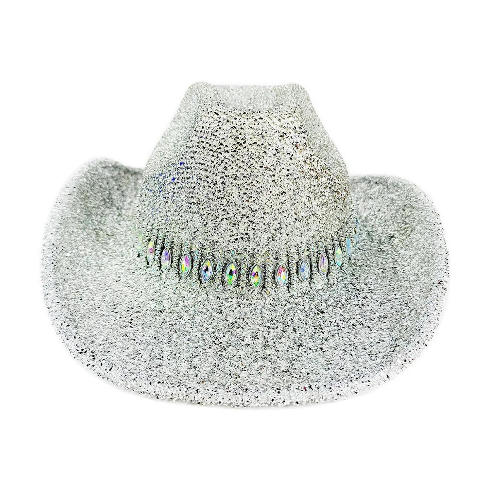 Women's Cowgirl Hat Stylish Rhinestone Design Sun Hat Wide Brim Western Cap for Party& Daily Life Oasis Select Silver 2