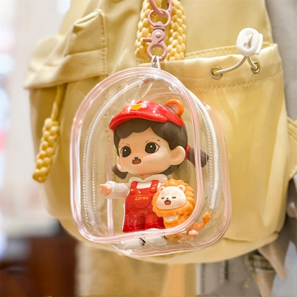 12cm PVC Transparent Storage Bag with Keychain Multicolor Cartoon Doll Display Box Dustproof Case Earphones Gift Organizer Bags Oasis Select