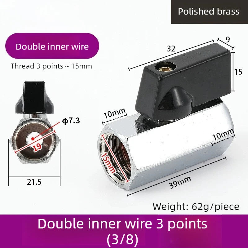 Mini Ball Valve Switch Water Pipe PT1/8, 1/4, 3/8, 1/2 Gas Electric Copper Ball Valve Double Inner and Outer Wire Teeth Oasis Select Double inside 3 B 1PCS