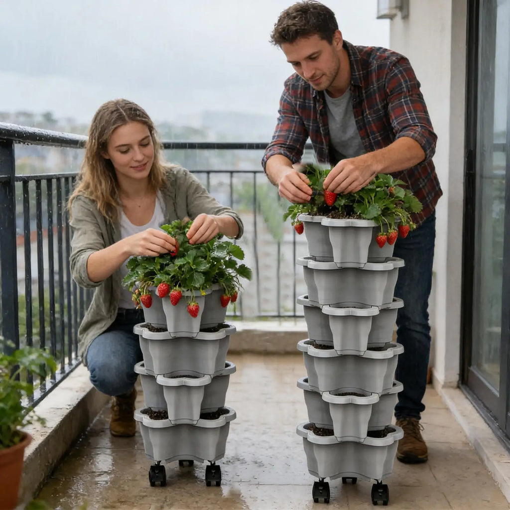6 Tier Vertical Tower Stackable FlowerPot Multi-layer Plastic Flower Pot with Movable Casters Strawberry Planter Tower Home Gard Oasis Select
