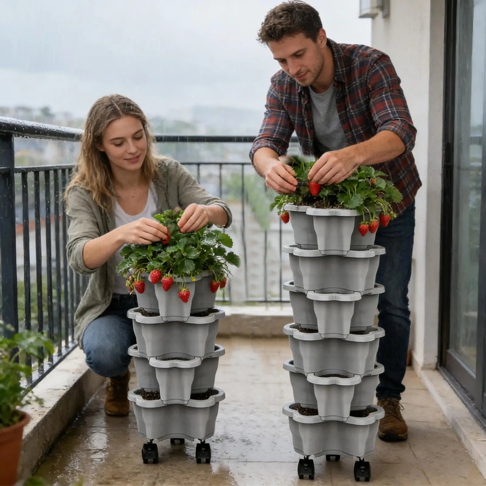 6 Tier Vertical Tower Stackable FlowerPot Multi-layer Plastic Flower Pot with Movable Casters Strawberry Planter Tower Home Gard Oasis Select