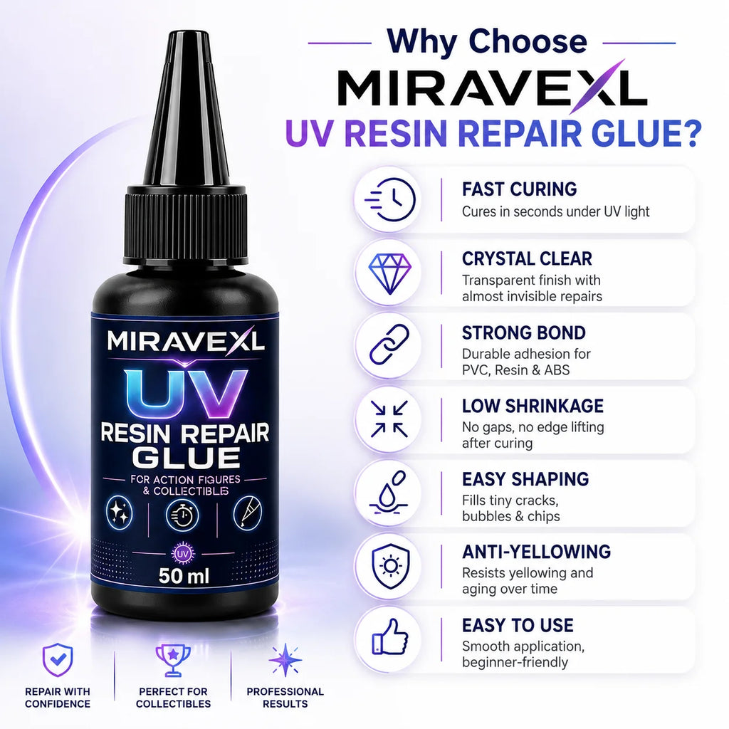 MIRAVEXL UV Resin Repair Glue 25ml/50ml for Action Figures Collectibles, Fast Curing ClearAdhesive with UV Light Brush Kit Pack Oasis Select