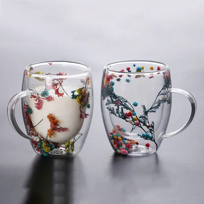 Fillings Dry Flowers Double Wall Glass Cup With Handle Heat Resistant Tea Coffee Cups Espresso Milk Mug Creative Gift Oasis Select