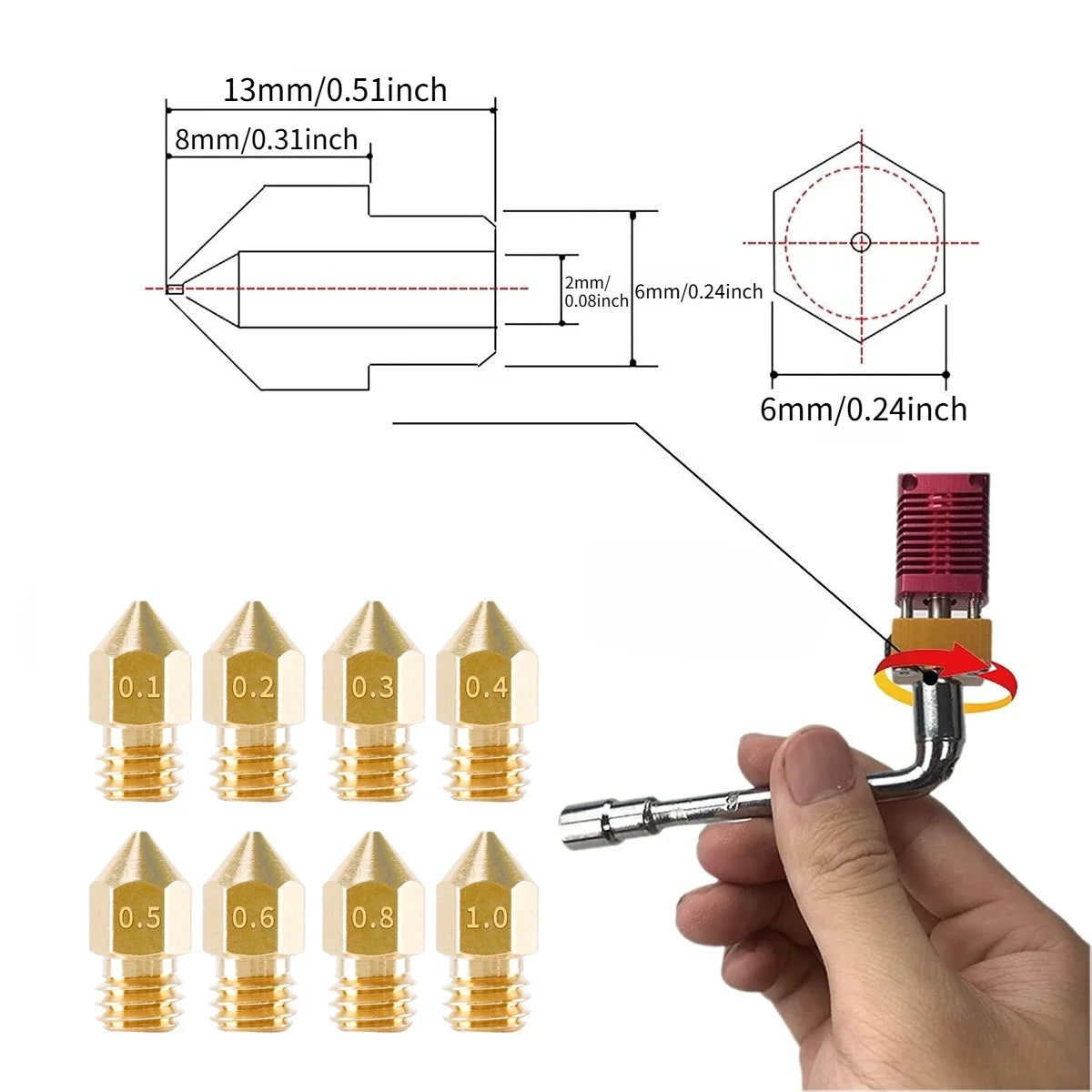 8 PCS Complete Set 3D Printer Brass Nozzles 0.1–1.0mm – M6 Thread for 1.75mm Filament, Fits Most FDM Printers Oasis Select