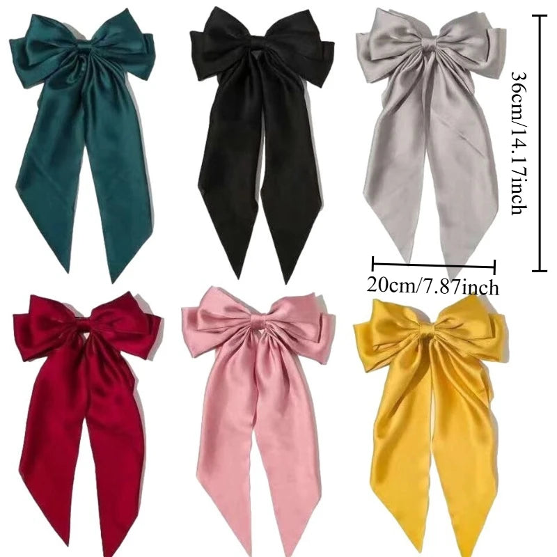Oversized Satin Bow Hair Clip with Long Ribbon Elegant Solid Color Hairpin for Women Girls Party Daily Hairstyling Oasis Select