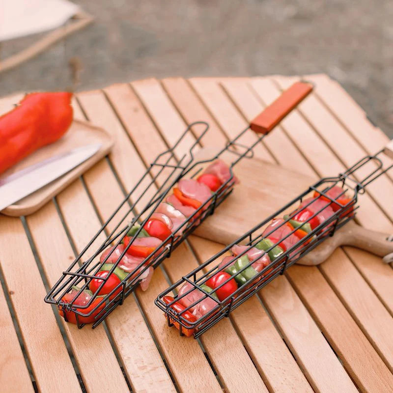 Portable BBQ Grilling Basket Stainless Steel Nonstick Barbecue Grill Basket Wooden Handle Grill Mesh Meat Picnic Roasting Tool Oasis Select